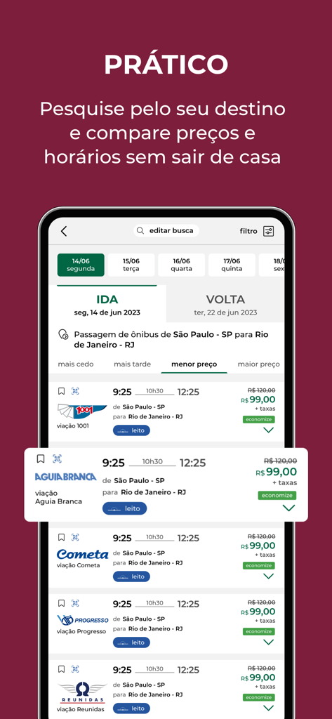 DeÔnibus - Passagens de Ônibus - DeOnibus app interface showing bus ticket options and prices for a trip in Brazil