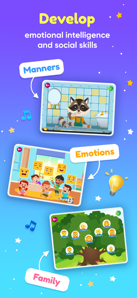 Pre-k Preschool Learning Games - Screenshots of preschool games focused on learning manners emotions and family values
