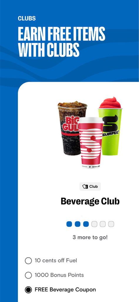 Speedway app Beverage Club rewards screen showing progress towards a free drink