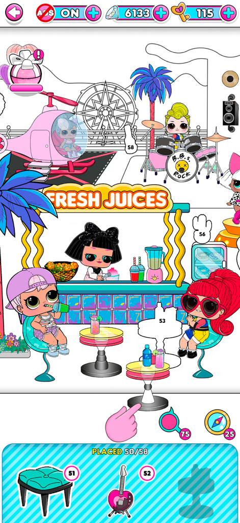 L.O.L. Surprise! Sticker Book - L.O.L. Surpriseドールが、数字でステッカーを貼るゲームのジューススタンドにいる様子