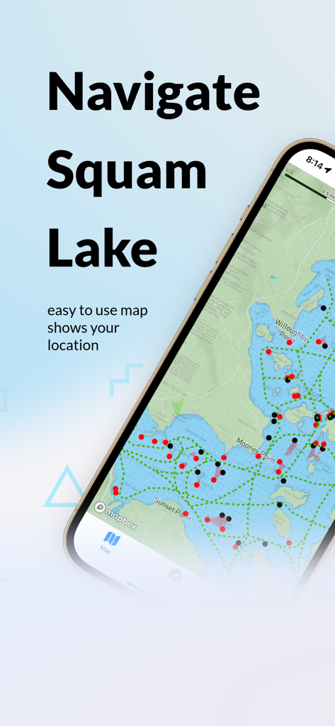 Pantalla del iPhone mostrando la aplicación de navegación Mapa del Lago Squam con marcadores de boyas y rutas