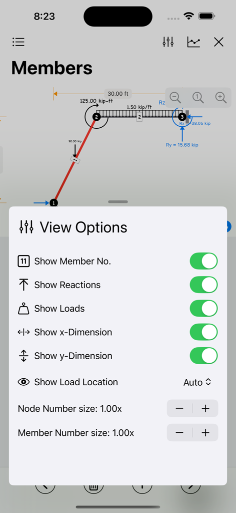 Interface showing view options for structural engineering diagrams including reactions and loads in A-Projects.