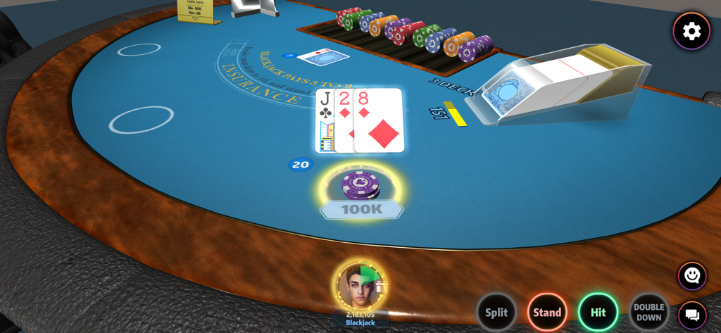 Poker Master - Texas Hold’em - A 3D blackjack game interface in Poker Master showing a player hand of 20 and a 100K chip bet.