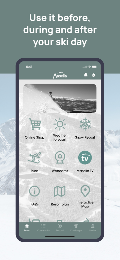 Pantalla de inicio de la aplicación Masella que muestra servicios del resort como informes de nieve, clima y mapas interactivos