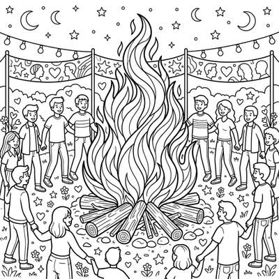 Gather 'round this vibrant bonfire, celebrating unity and love for Pride Month! This intricate coloring page invites you to add your personal touch to a joyful community gathering.