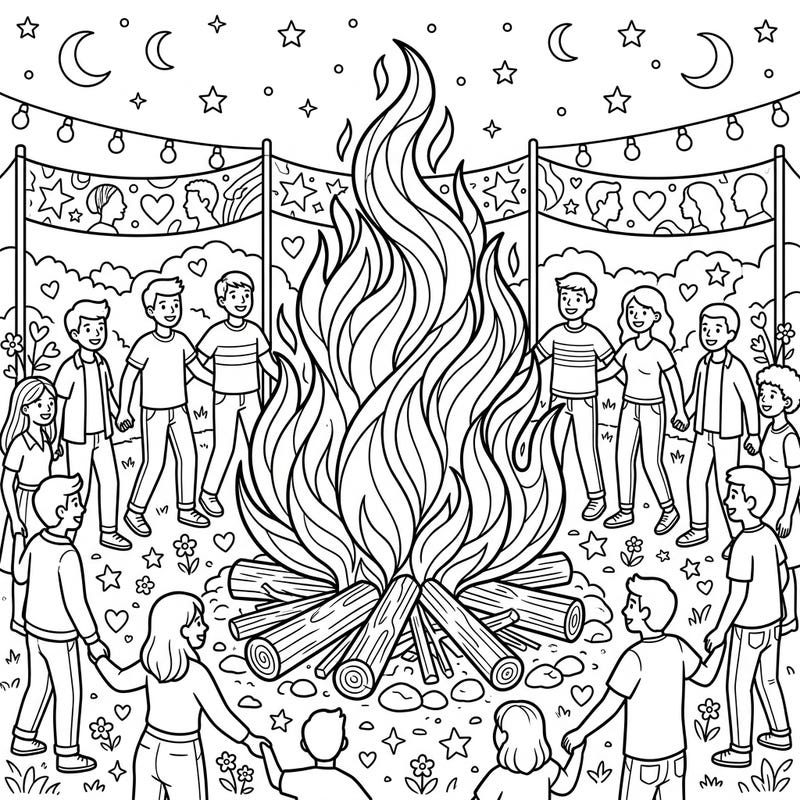 Gather 'round this vibrant bonfire, celebrating unity and love for Pride Month! This intricate coloring page invites you to add your personal touch to a joyful community gathering.