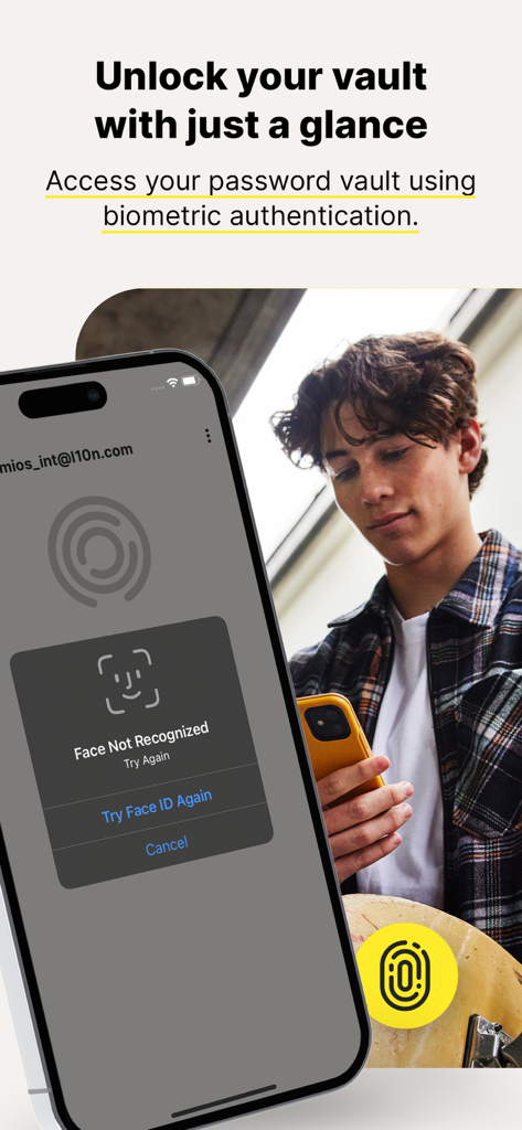 Norton Password Manager showing biometric vault unlock feature with Face ID on an iPhone