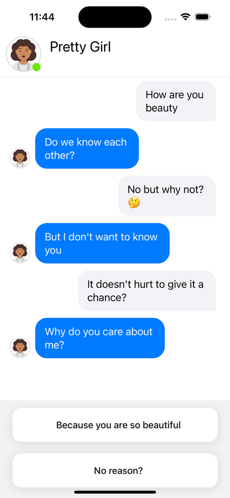 Chat Master: Texting Game - A screenshot of Chat Master: Texting Game showing a simulated chat conversation between characters with two response options at the bottom.