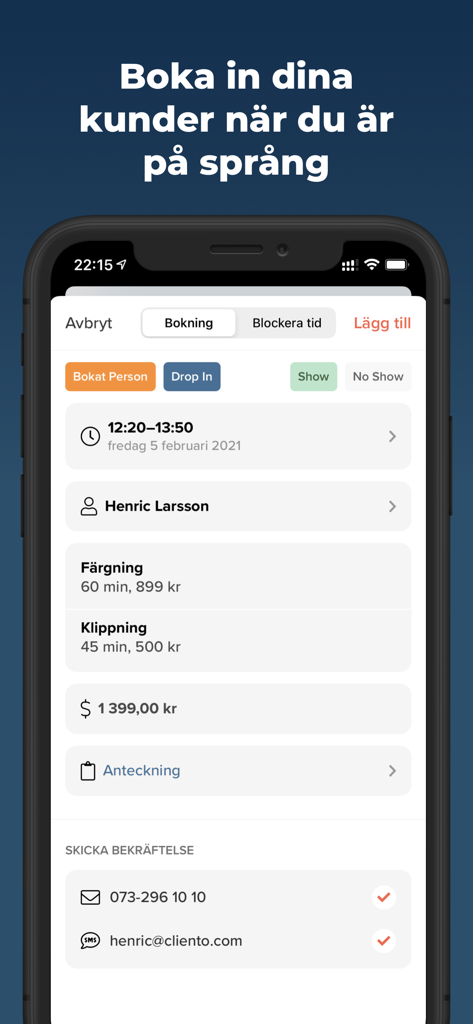 Cliento - Smartare bokningar - Schermata dello smartphone che mostra una prenotazione cliente dettagliata con prezzi dei servizi e orari degli appuntamenti nell'app Cliento