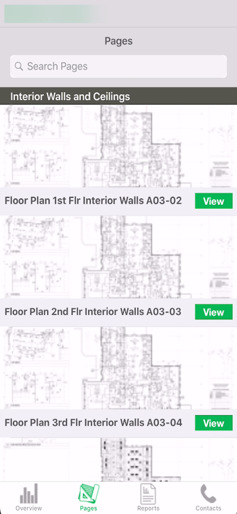 EDGE On Site - List of interior wall and ceiling floor plans in the EDGE On Site construction app