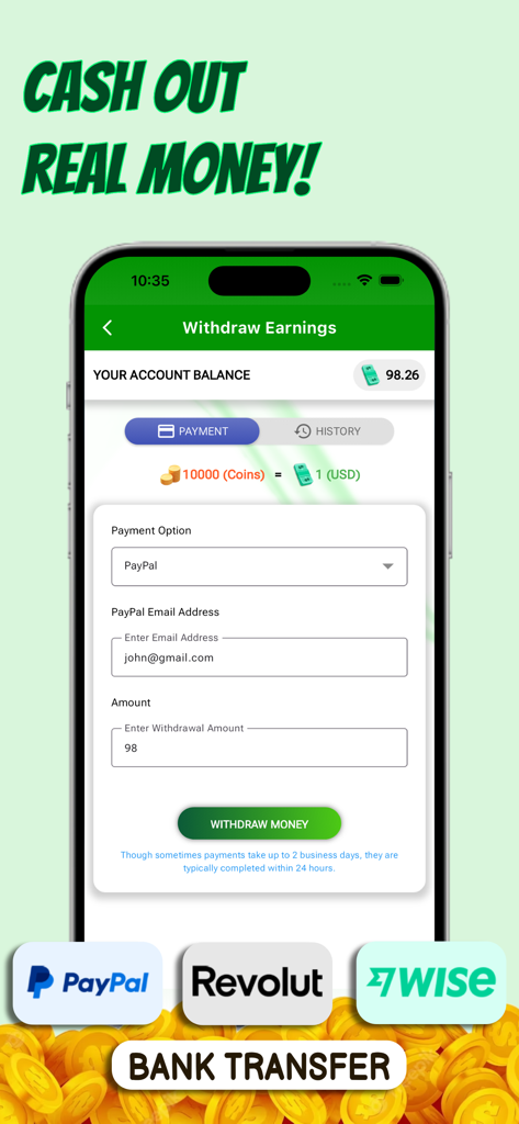 Survey Bucks app withdrawal interface showing cash out options like PayPal Revolut and Wise
