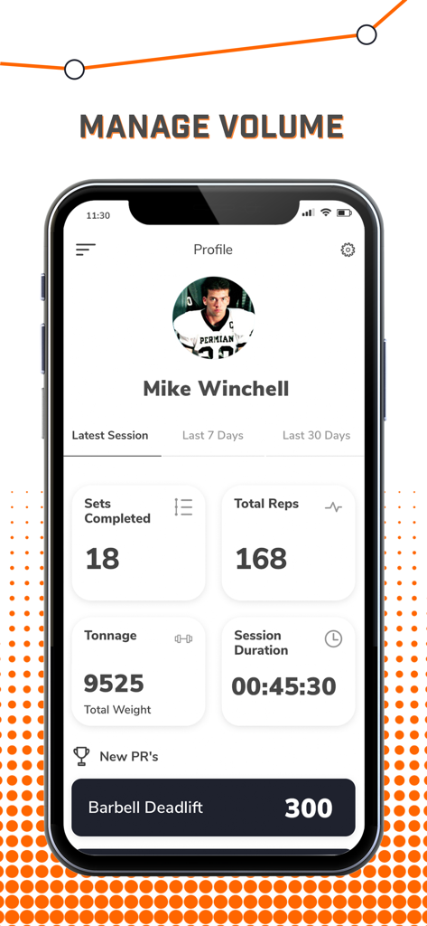 Athlete profile dashboard in the TeamBuildr app showing workout volume stats and personal records