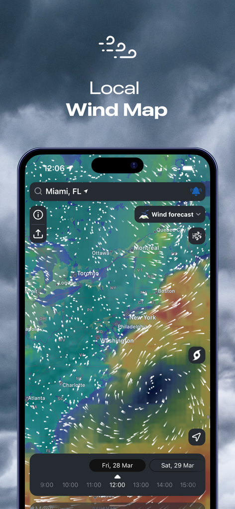 Local wind map and hurricane tracker on the Clime NOAA Weather Radar Live app