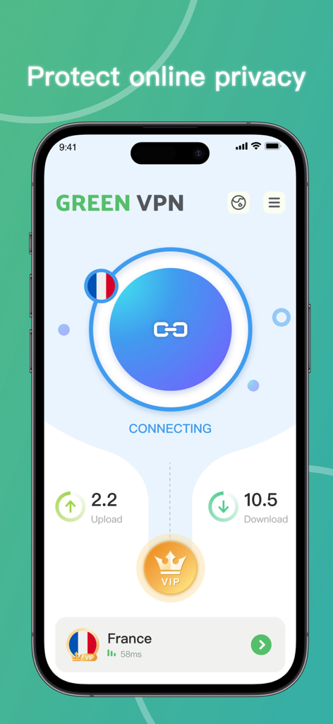 Green VPN mobile interface showing connection to a France server for secure online privacy and high speed