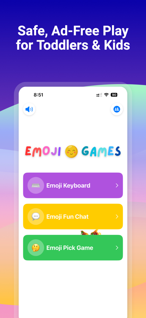 Emoji Games For Kids - Menú principal de la aplicación Juegos de Emojis para Niños con opciones de juego como Teclado de Emojis y Chat Divertido en un entorno seguro sin anuncios