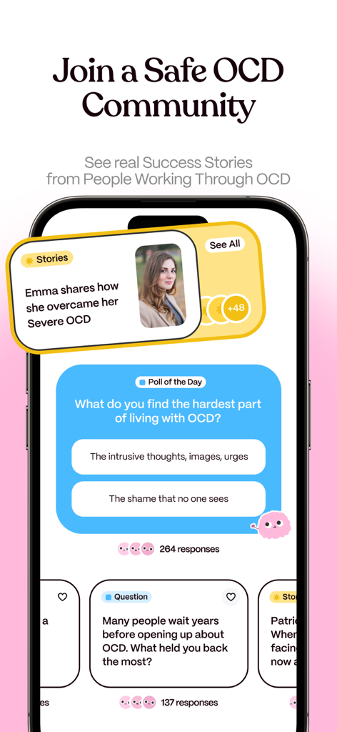 OCD Support App - ObsessLess - ObsessLessアプリのインターフェース。OCDコミュニティの成功事例とインタラクティブな投票を表示しています。