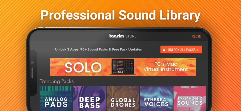 Interface de l'application Drone Piano montrant une bibliothèque de sons professionnelle avec des packs tendance comme Global Drones et Analog Pads.