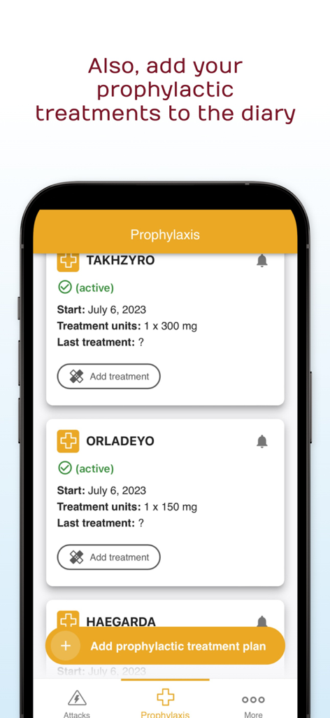 HAE TrackR app interface showing the prophylaxis section for tracking preventative treatments like Takhzyro and Orladeyo