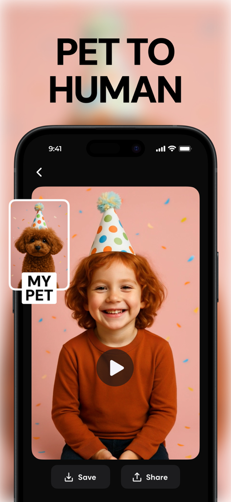 A mobile interface of Plum AI app showing a pet to human transformation feature with a poodle and a child wearing identical party hats.