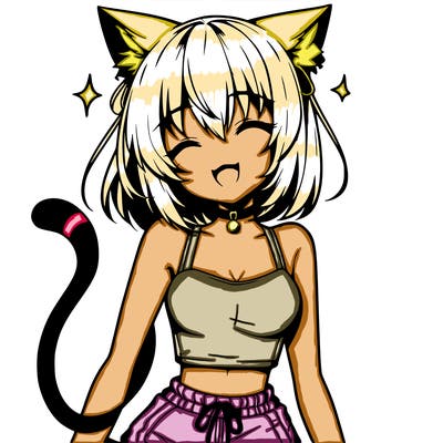 anime girl with medium hair and bangs cat ears and tail smile and eyes closed, with a crop top and shorts