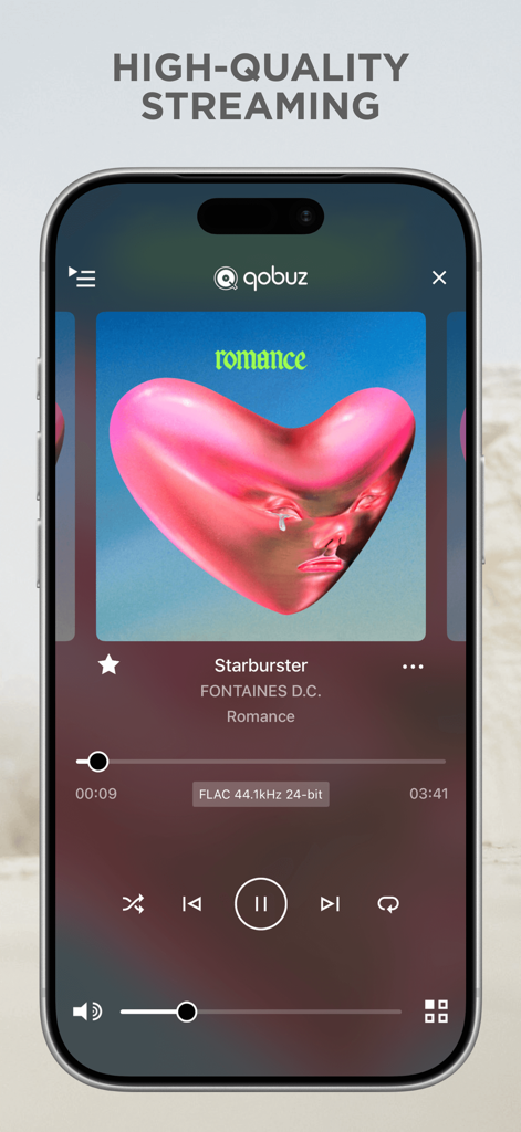 Focal & Naim - Focal and Naim app interface displaying high quality Qobuz streaming with 24 bit FLAC playback