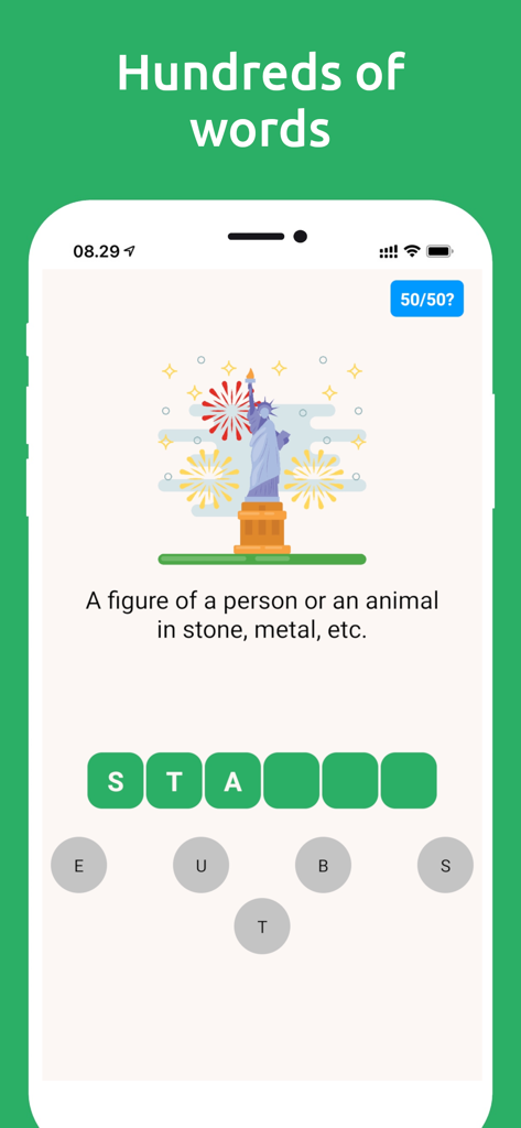 Gameplay of the Word Spelling Games app showing a word puzzle for statue with an illustration of the Statue of Liberty