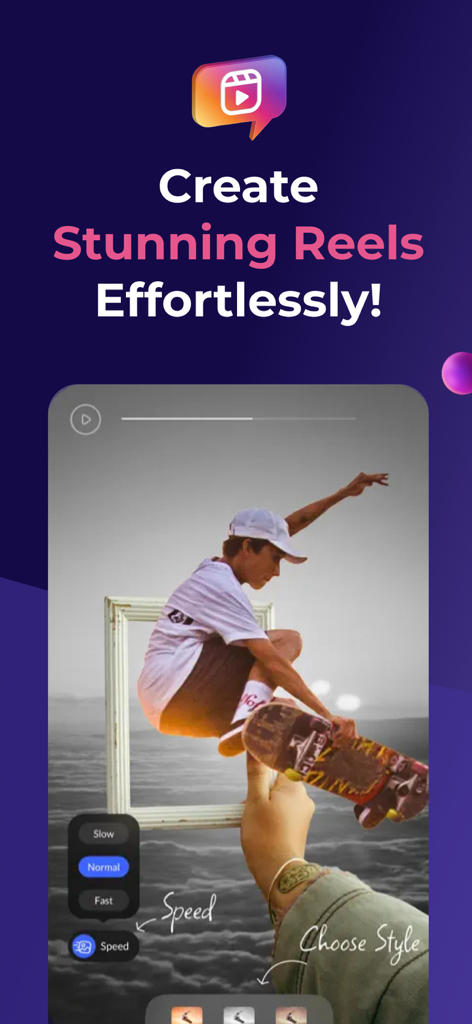 Boost App Social - Mobile app interface showing speed and style controls for editing Instagram Reels
