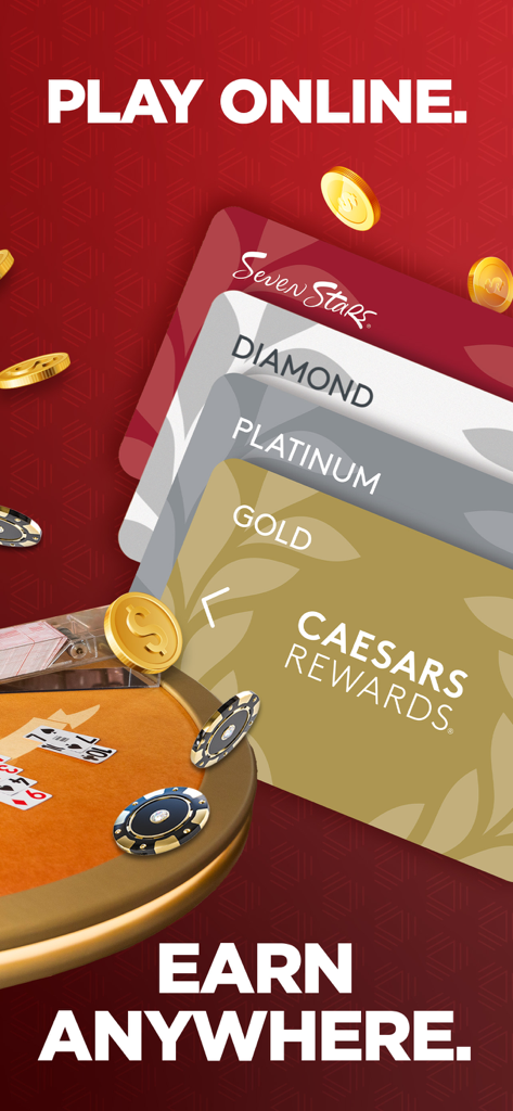 カジノの背景に、ゴールド、プラチナ、ダイヤモンドのランクを含むシーザーズリワーズのロイヤルティカードのスタック