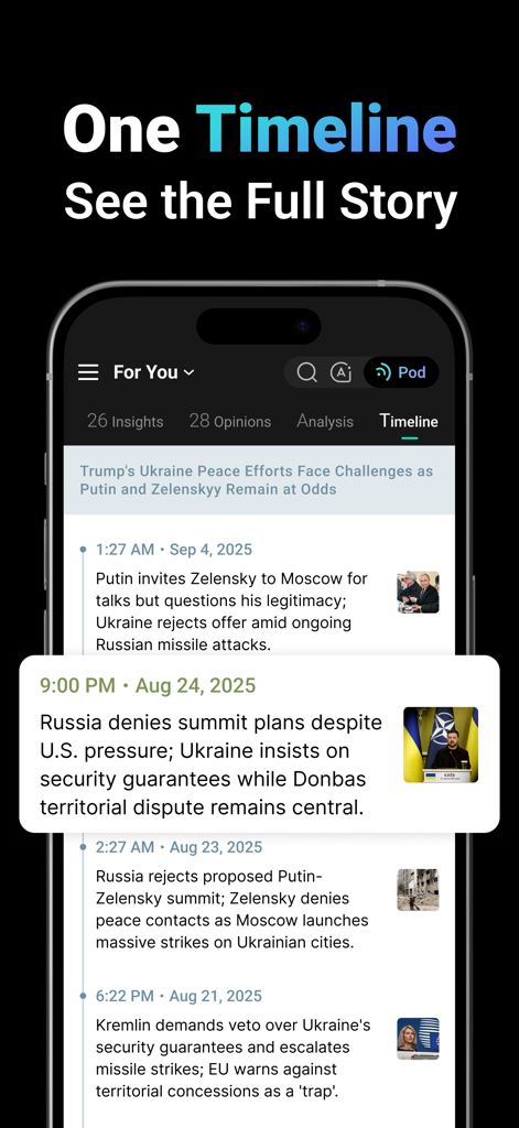 A screenshot of the NewsBang app showing a chronological timeline of news events under the heading One Timeline See the Full Story