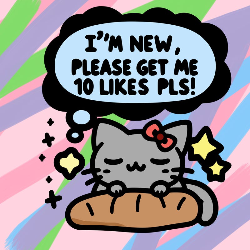 kitty taking a nap dream talking and saying "i'm new, please get me at least 10 likes pls!!"