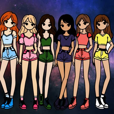 a group of girls wearing crop tops and shorts