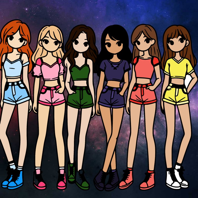 a group of girls wearing crop tops and shorts