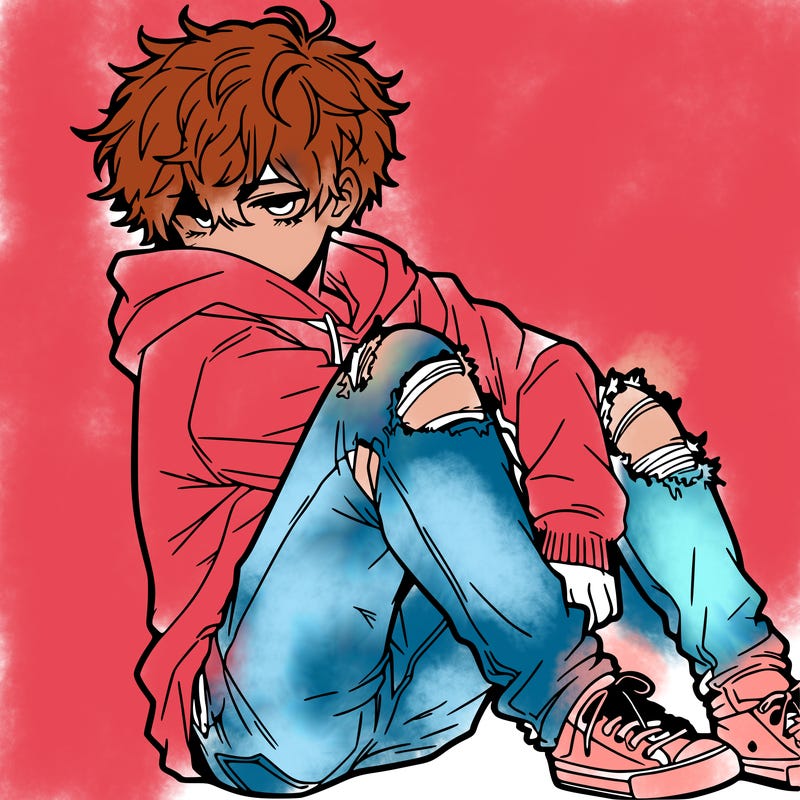 a male hoddie ripped jeans messy hair anime