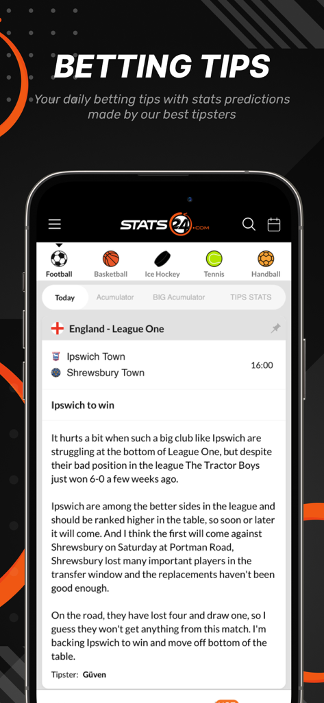 Stats24 app screen displaying football betting tips and match predictions with tipster analysis