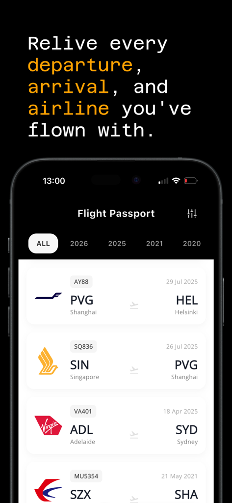 Flight Passport - Flight Passport app interface showing a chronological list of recorded flights with airline logos and departure arrival details