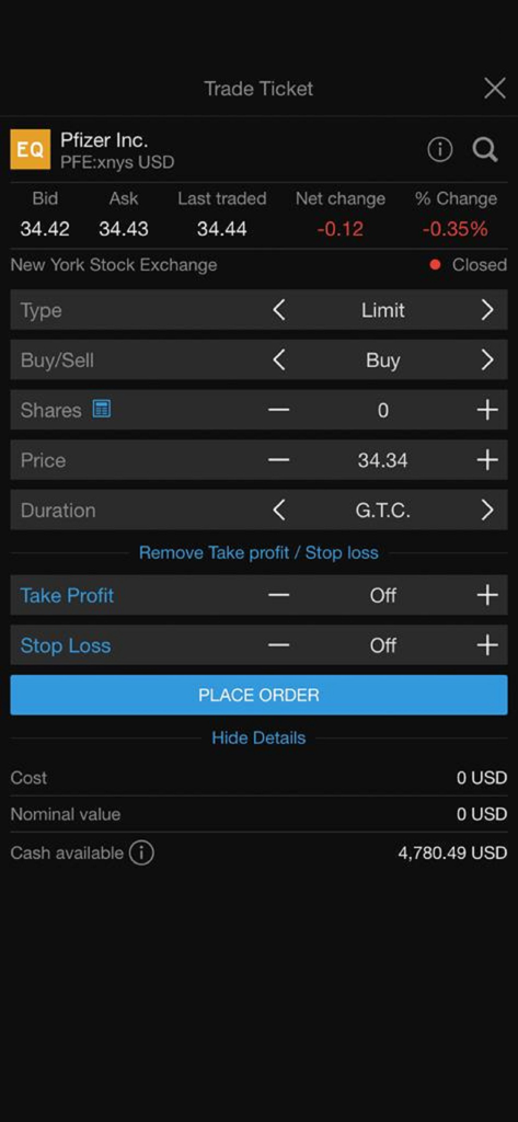 AB Invest Mobile - Trade ticket screen in the AB Invest Mobile app showing a buy limit order for Pfizer stock on the New York Stock Exchange