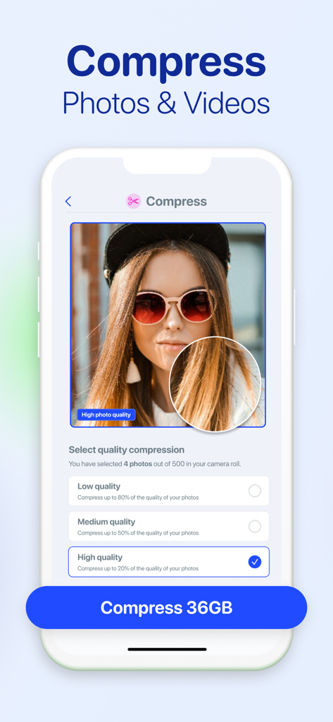 Interface of AI Cleaner app showing photo and video compression options to free up storage space