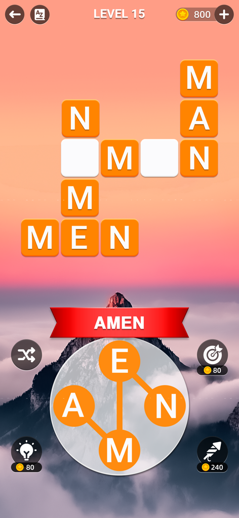Holyscapes - Bible Word Game - A screenshot of the Holyscapes Bible word game showing a crossword puzzle with the word AMEN completed over a scenic mountain landscape.