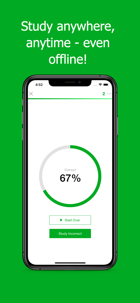 Flashcards Maker Flash Cards - iPhone-Bildschirm mit Ergebnissen des Karteikarten-Lernens, einer Punktzahl von 67 Prozent und einer Überschrift zum Offline-Lernen