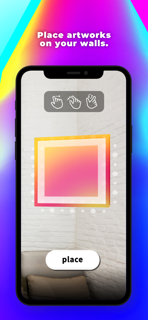 NFT-ARt - 白いレンガの壁にデジタルNFTフレームを配置する拡張現実ビューを示すスマートフォンインターフェース