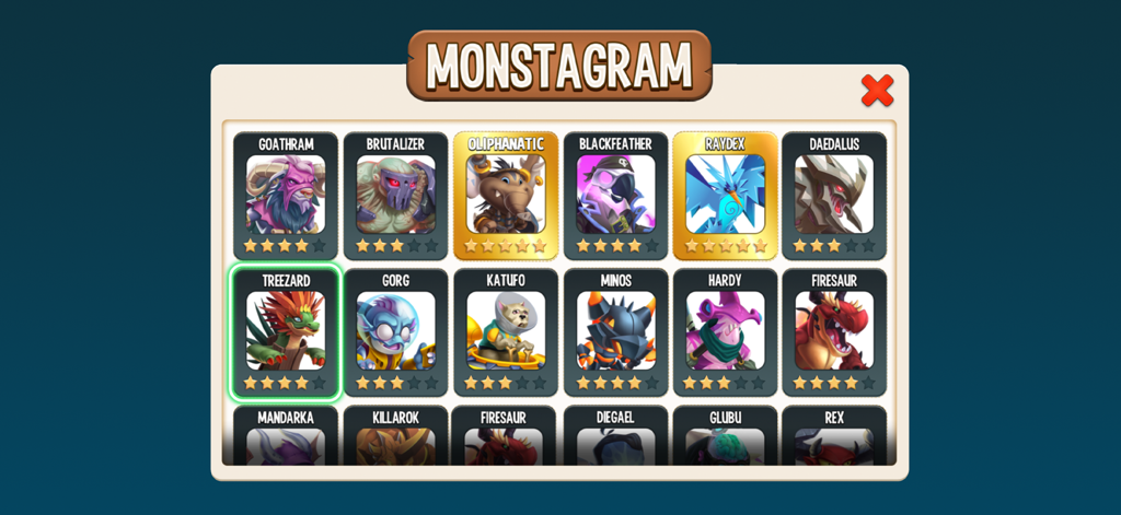 Monster Legends - Battle Game - Pantalla Monstagram de Monster Legends mostrando una colección de monstruos coleccionables en una cuadrícula.