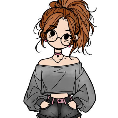 girl with a messy ponytail glasses a baggy crop top and jean shorts