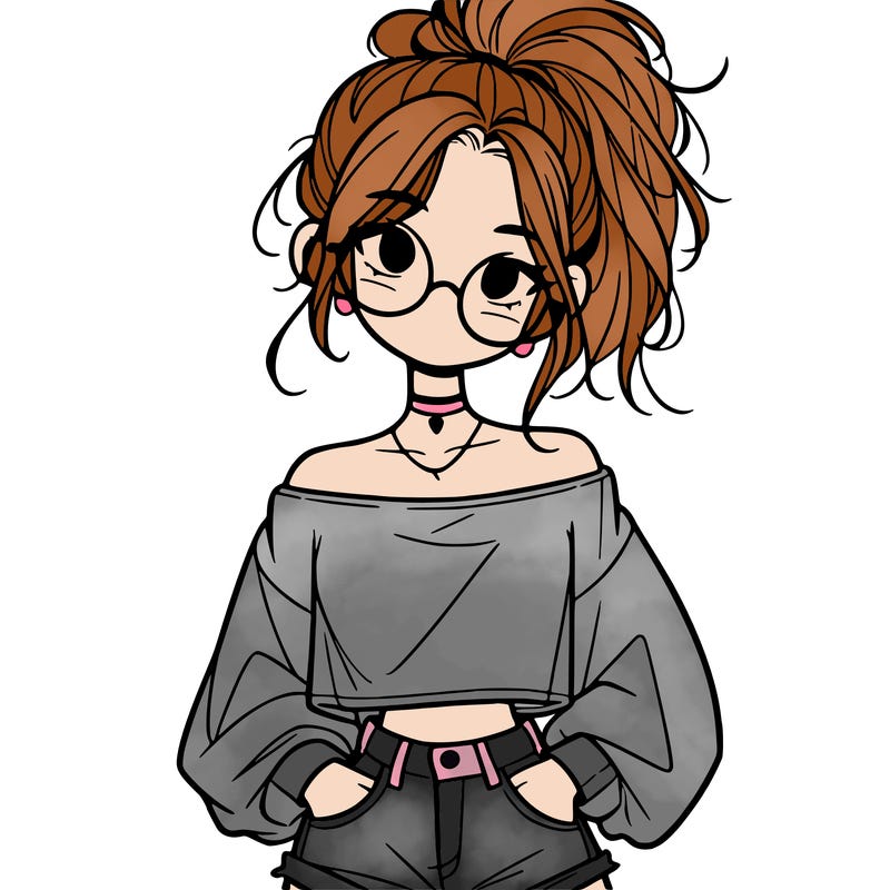 girl with a messy ponytail glasses a baggy crop top and jean shorts