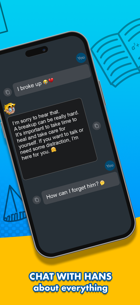 Homework Hans Learning App - Mobile screen showing a friendly AI chat interface in the Homework Hans app where the AI provides personal advice