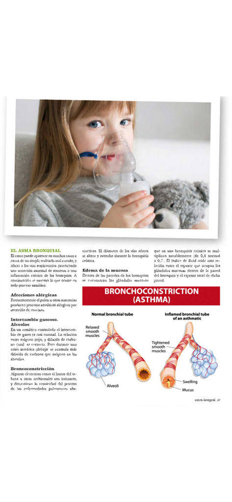 Una página de revista digital de Integral Extra con un artículo sobre el asma bronquial con diagramas médicos y un niño usando un nebulizador.