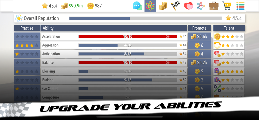 Motorsport Superstar - Management dashboard in Motorsport Superstar showing racing driver ability upgrades and reputation stats.