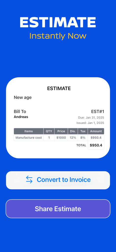 Invoice Maker: Receipt Tracker - Interfaz de presupuesto de negocios profesional en la aplicación que muestra opciones para convertir a factura y compartir con clientes