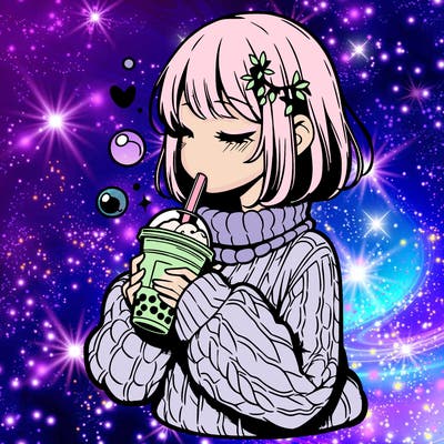 manga girl drinking boba in cozy sweater