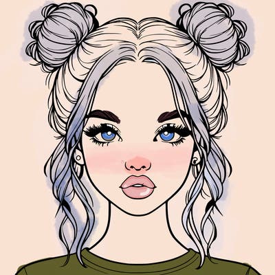 realistic girl with two buns in hair and lips