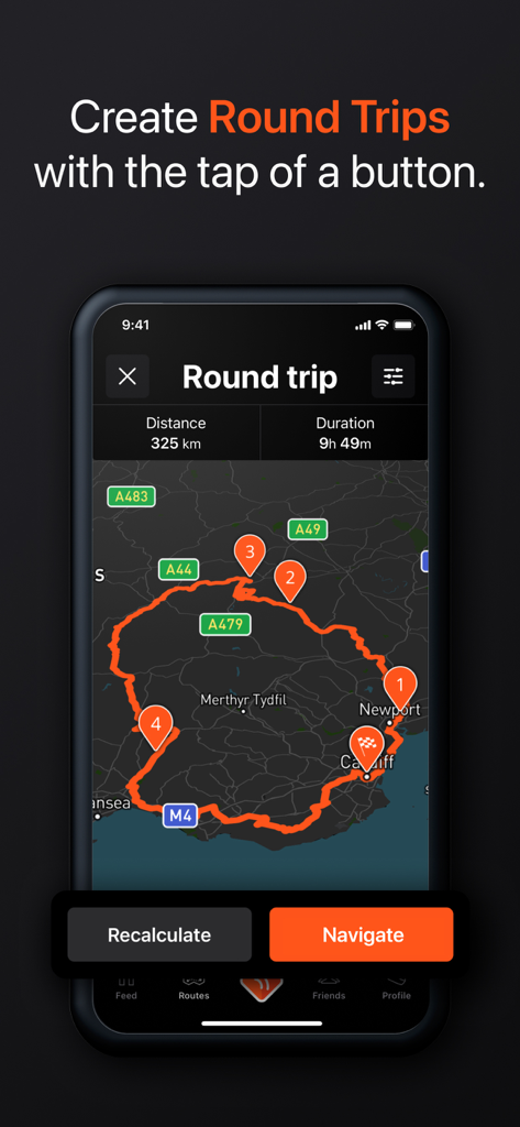 Detecht - Motorcycle App & GPS - Smartphone-Bildschirm, der die Rundreisenplanungsfunktion der Detecht Motorrad-App mit einer kreisförmigen Route auf einer Karte zeigt.